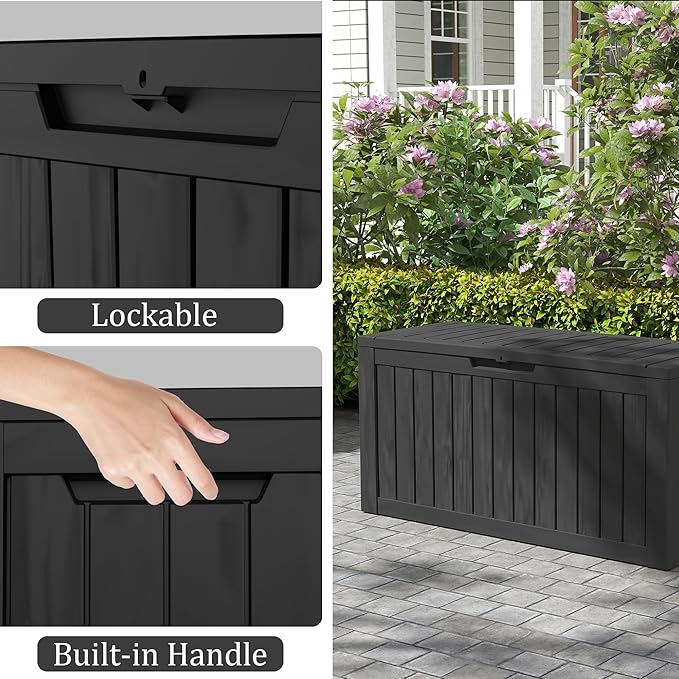 75 Gallon Double-Wall Resin Deck Box - Lockable Waterproof Outdoor Storage Box, 515lbs Capacity & Doubles as Seating for Patio Furniture - Garden Tools, Pool Accessories (Black)-Ruum Studio Home