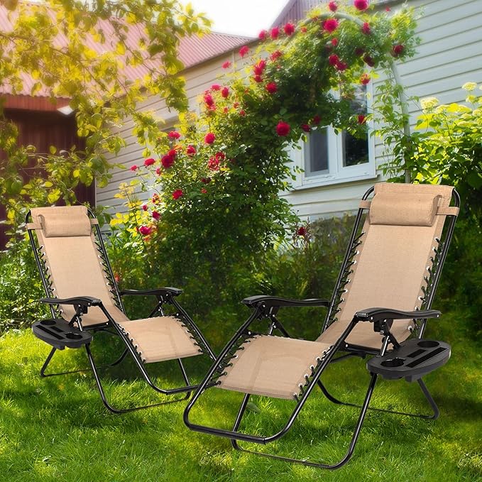 Nazhura Set of 2 Relaxing Recliners Patio Chairs Adjustable Steel Mesh Zero Gravity Lounge Chair Beach Chairs with Pillow and Cup Holder Khaki (Kahki)-Ruum Studio Home