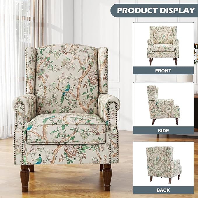 UIXE High Back Accent Chairs Set of 2, Fabric Upholstered Armchair for Living Room, Retro Printed Wingback Arm Chair Rivet Trimed Single Sofa Bedroom Reading Seat - Bird Floral-Ruum Studio Home