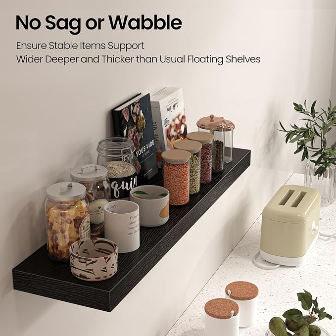 Floating Shelves for Wall, 31.5" W x 6.7" D x 1.5" H, Wooden Wall Mounted Display Shelves with Invisible Brackets for Living Room, Bedroom, Bathroom, Kitchen Decor and Storage, Set of 2, Black-Ruum Studio Home