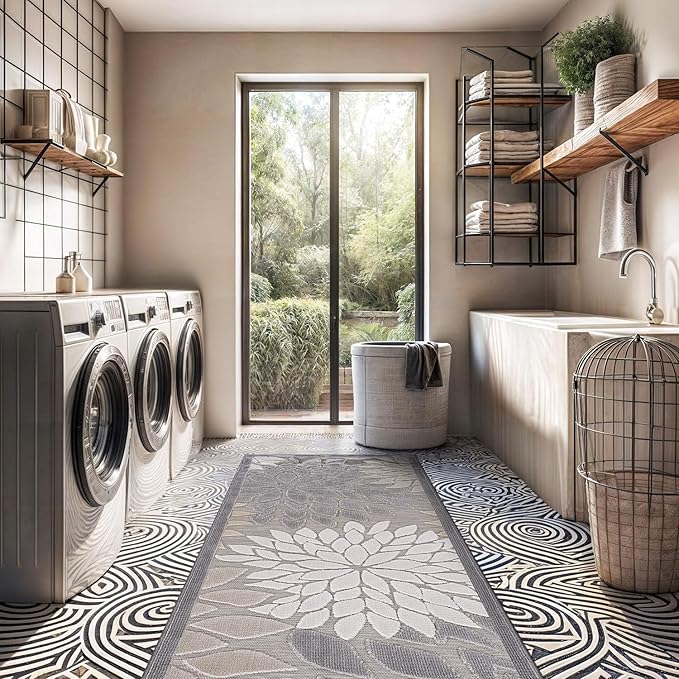 Beverly Rug Outdoor Runner Rug 2x7 Modern Floral Tropical Area Rugs for Indoor and Outdoor Patio Easy to Clean Non Shedding Living Room Porch Garden Washable Outside Carpet (2 x 7 Gray)-Ruum Studio Home