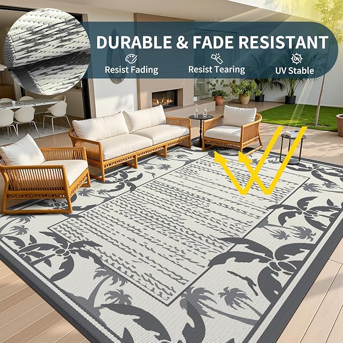 COCOER Outdoor-Rug 9x12 ft Waterproof Outdoor Plastic Straw Rug Reversible RV Indoor Outdoor Carpet Quick Dry Patio Rug Camping Mat for Balcony Backyard Picnic Beach-Grey&Beige-Ruum Studio Home