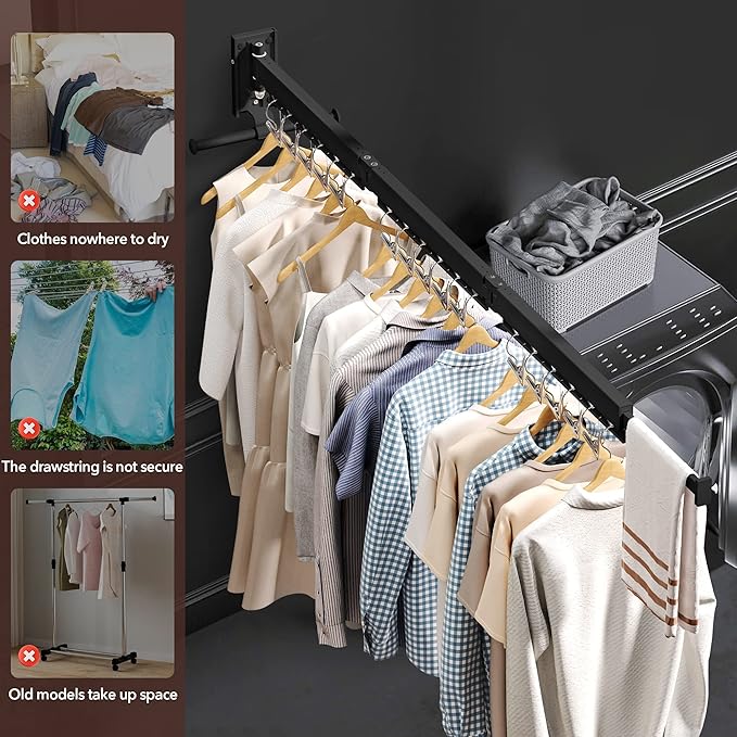 Wall Mounted Clothes Hanger, Aluminum Clothes Drying Rack, Space Saver, Retractable, Windproof Holes, with Clips-Ruum Studio Home