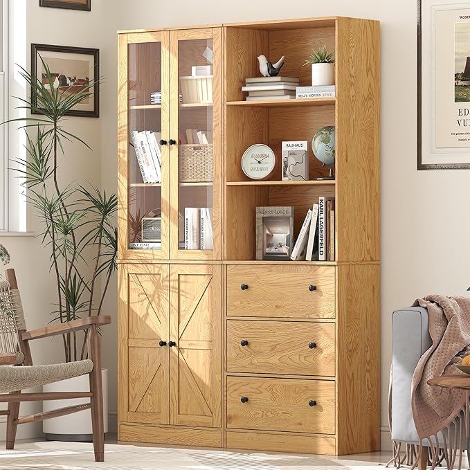 71" Tall Bookshelves Set of 2, Bookcase with Drawers & Bookshelf with Doors, Wooden Bookshelves Floor Standing Display Storage Shelves Home Decor Furniture for Home Office, Living Room,Natural-Ruum Studio Home