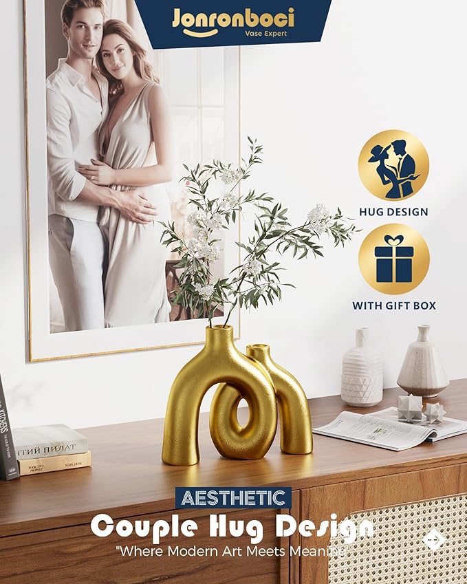 Hug Donut Decorative Vase Set - Golden Modern Classic Transitional Style Vases Home Decor, Matte Ceramic Decorations for Living Room Shelf, Bookshelf Mantle Entryway Table or Console Décor (Gold)-Ruum Studio Home