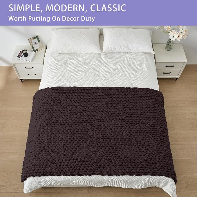 Bigacogo Chunky Knit Throw Blanket for Couch, 40x80 inches, 100% Hand Knitted with Thick Jumbo Chenille Yarn, Cozy Soft Large Rope Knot Cable Crochet Blankets for Sofa Bed Living Room, Chocolate-Ruum Studio Home