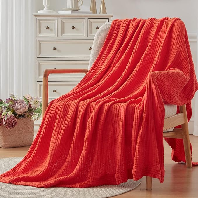 EMME Cotton Throw Blanket - 100% Muslin Soft, Breathable Gauze - All Season, Lightweight - Pre-Washed - Orange Rust, 50"x70"-Ruum Studio Home