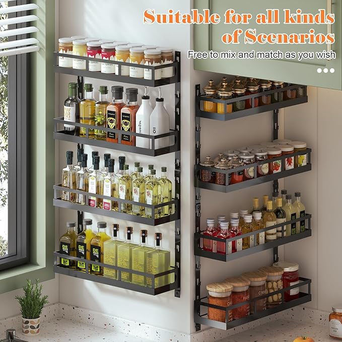 X-cosrack 8-Tier Adjustable Spice Rack – Wall-Mounted Space-Saving Organizer with Mixed Baskets, Large-Capacity Seasoning Holder for Kitchen & Pantry (Black)-Ruum Studio Home