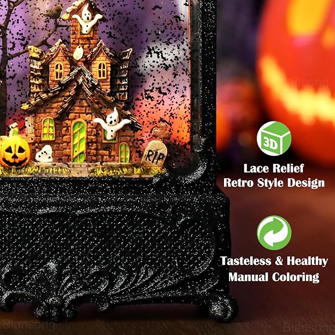 Halloween Snow Globe Lantern Ghost Snow Globe Halloween Decorations for Home Haunted House Pumpkin Ghost Tree Crow Rip Dancing Bats with Timer, USB and Battery Powered 12 inch-Ruum Studio Home