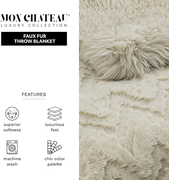 Mon Chateau Premium Reversible Queen Size Luxury Faux Fur Throw for Couch, Sofa, or Queen Size Bed - Plush Cozy Soft Blanket for Sleeping or Home Décor, 60" x 70" (Beige Jacquard)-Ruum Studio Home