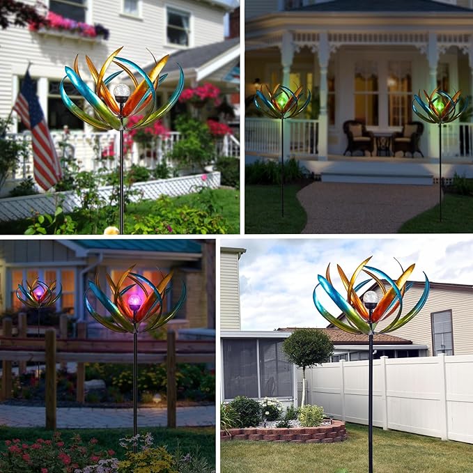 Large Solar Wind Spinners for Yard and Garden-82.6 Inch 360° Metal Wind Sculptures Outdoor Clearance Kinetic Windmills with Multi Color Led Glass Ball-Ruum Studio Home