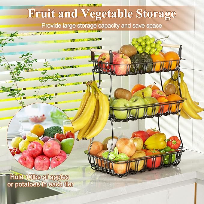 3 Tier Fruit Basket for Kitchen Counter, Fruit Bowl with 2 Banana Hooks Mesh Top, Multifunctional Detachable Sturdy Kitchen Storage Organizer for Vegetables Snacks Onion Potato, Black-Ruum Studio Home