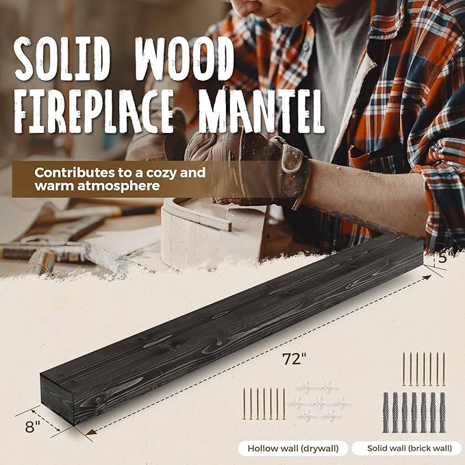 72x8x5 Fireplace Mantel - Handcrafted Hollow Rustic Solid Wood Wall Mounted Floating Shelf with Invisible Heavy Duty Wood Bracket (Weathered Black)-Ruum Studio Home