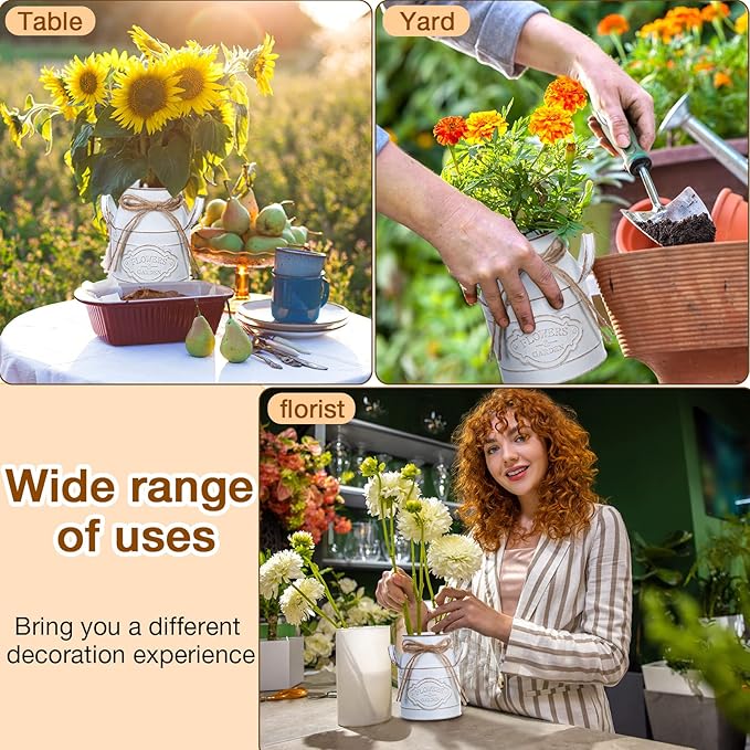 6 Inch Farmhouse Vase Decor Milk Can Vintage Flower Jug Galvanized Metal Vase with Handle Rustic Flower Buckets for Thanksgiving Christmas Table Centerpiece Weddings Gifts(Retro White,4 Pcs)-Ruum Studio Home