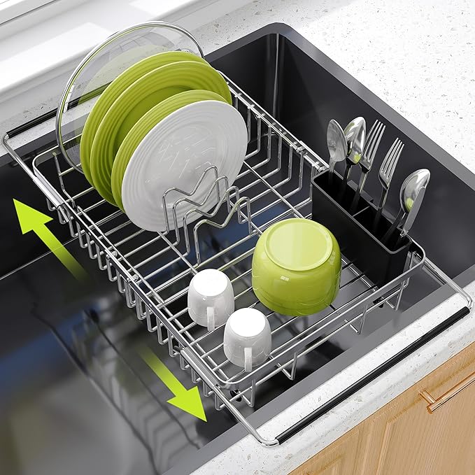 Dish Drying Rack in Sink, Expandable Stainless Steel Dish Drainer for Kitchen Sink, Dish Strainer Rack, Retractable Over Sink Dish Rack with Utensil Holder, 13.1''~16.6''D x 11.8''W, Silver-Ruum Studio Home