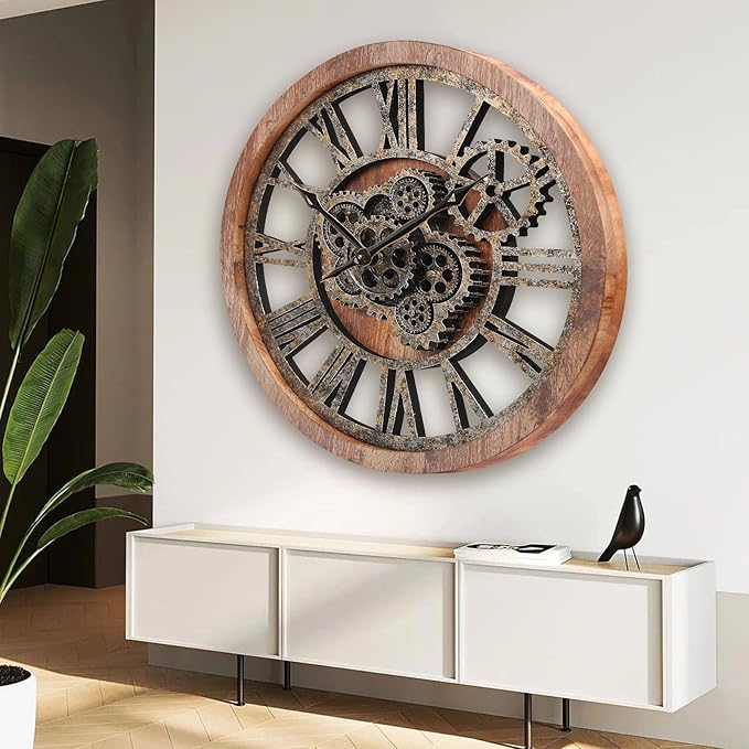 HOIBAI Large Wall Clock 24 Inch Large Clocks for Living Room Decor with Moving Gears Vintage Industrial Steampunk Farmhouse Big Clock for Home Kitchen Bedroom Office-Ruum Studio Home