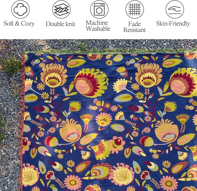 Snycler Boho Throw Blanket for Bed, 100% Organic Cotton Muslin Soft Throw-Blue Boho Floral Farmhouse Rustic Spring Summer Fall Decor Blanket for Couch Sofa Quilt and Gift, 60" x 80"-Ruum Studio Home