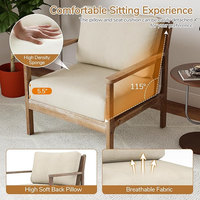 Giantex Mid Century Modern Accent Chair Set of 2, Wooden Arm Chair w/Solid Wood Frame, Removable Seat Cushion & Pillow, Vintage Comfy Reading Chair for Living Room, Bedroom, Study-Ruum Studio Home