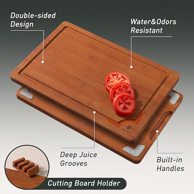3 Packs Bamboo Cutting Board Set with Non Slip Feet Holder and Over Sink Nice Solid Thick Wood Juice Groove Chopping Board Extra Large Big Small Best Hardwood Kitchen Organic Vegetable Meat BBQ Kit-Ruum Studio Home
