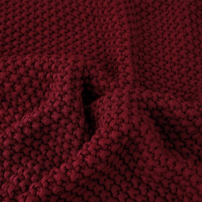 Longhui bedding Chunky Cable Knit Throw Blanket Lightweight Burgundy 100% Organic Cotton Blanket for Sofa Couch Bed Baby Nursery, Rustic Shabby Chic Modern Farmhouse, 51” x 63” Give Laundering Bag-Ruum Studio Home