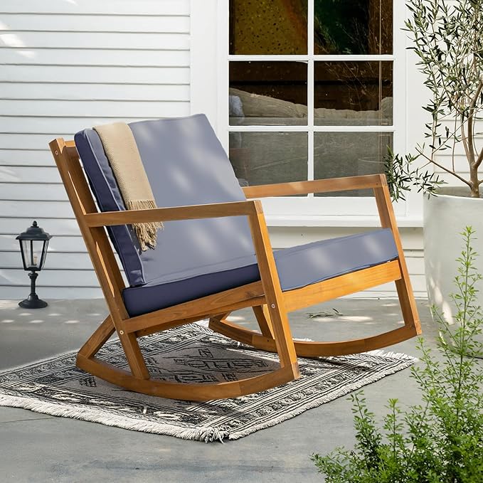 IDZO Premium Club Rocking Chair 500lbs Capacity with Inclined Backrest, Thick Foam Cushion, Solid Acacia Wood Rocker for Patio, Backyard, Balcony, Porch-Ruum Studio Home