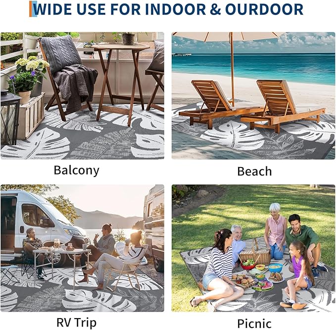 GAOMON Outdoor Rug Waterproof 9x12 Outdoor Plastic Straw Rug for Patio, Reversible Modern Camping Mat with Bag & Stakes, UV Resistant & Easy to Clean Carpet for RV, Deck, Balcony, Grey-Ruum Studio Home