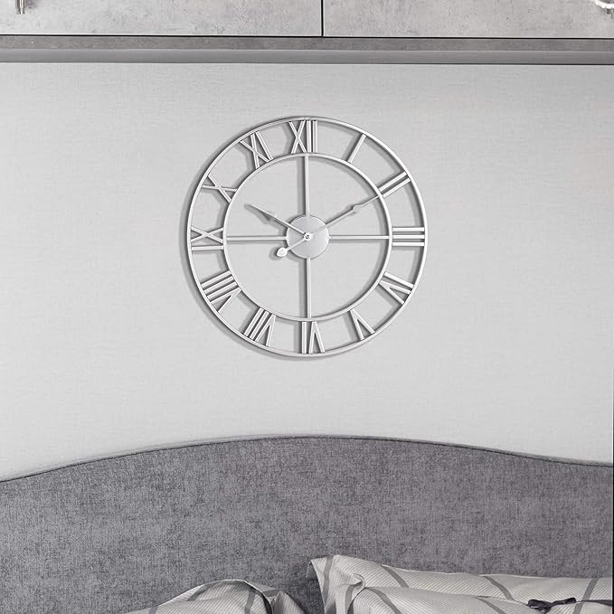 LEIKE 18.5" Modern Large Wall Clocks,Vintage, Round,Silent Non Ticking,Battery Operated,Silver Metal Roman Numerals Clock for Living Room/Bedroom/Kitchen Decor-Ruum Studio Home