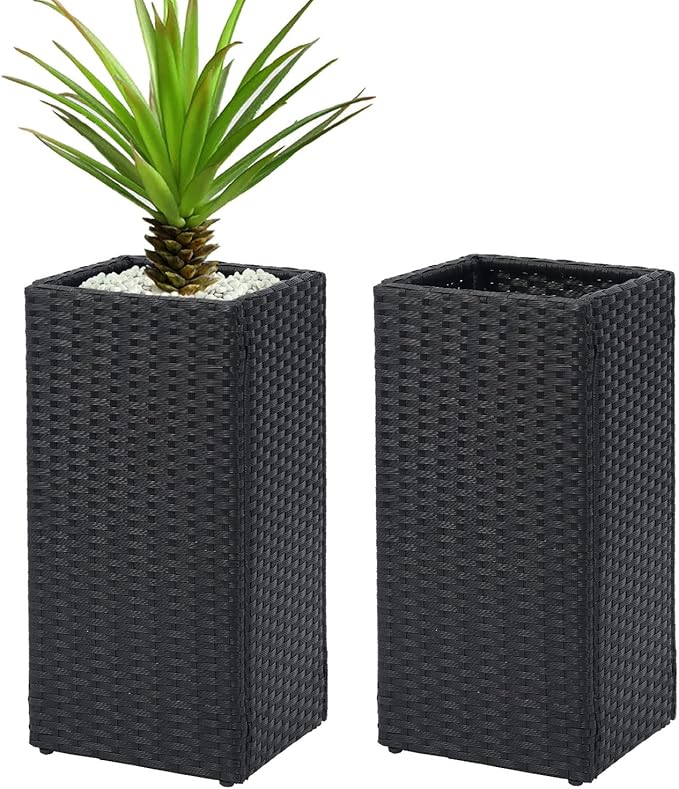 LEWIS&WAYNE Set of 2 Tall Planters for Outdoor Plants Handmade 24'' Wicker Tall Square Planter Box with Removable Liners Modern Planter for Indoor Outdoor Garden Patio Front Porch - Black-Ruum Studio Home