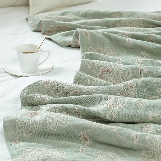 jinchan Boho 100% Cotton Muslin Twin Size 60x80 Inches Blanket Lightweight 4-Layer Quilted Soft Green and Beige Floral Throw Blanket Reversible Comfy Flower Breathable All Seasons Couch Bedroom Decor-Ruum Studio Home
