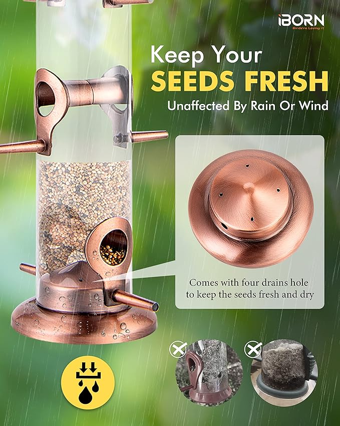 iBorn Metal Bird Feeders Brushed Copper Wild Bird Feeder for Outdoors Hanging All Metal Brushed Copper Finishing 14 Inch 6 Port,Pack of 2-Ruum Studio Home