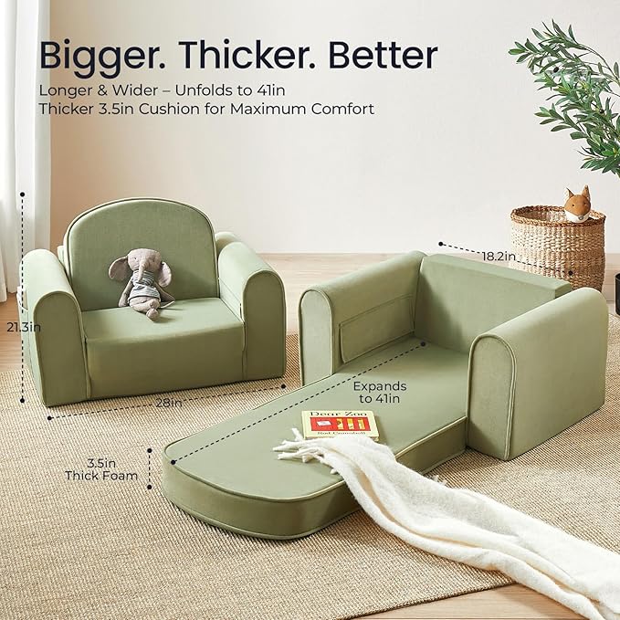 Tiny Land 2-in-1 Foldable Kids Couch with Pockets – Soft Thick Toddler Sofa, Lounger Couch, Convertible Kids Chair for Playroom, Bedroom or Living Room, Gift for Boys & Girls(Green)-Ruum Studio Home