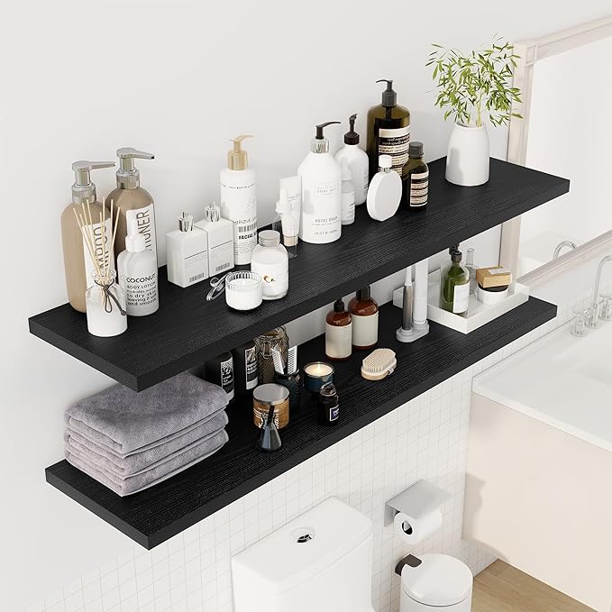 55" Floating Shelves for Wall, 12" Deep Slim Black Floating Shelves, Wall-Mounted Shelves for Bedroom, Living Room, Kitchen, Bathroom - Set of 2-Ruum Studio Home