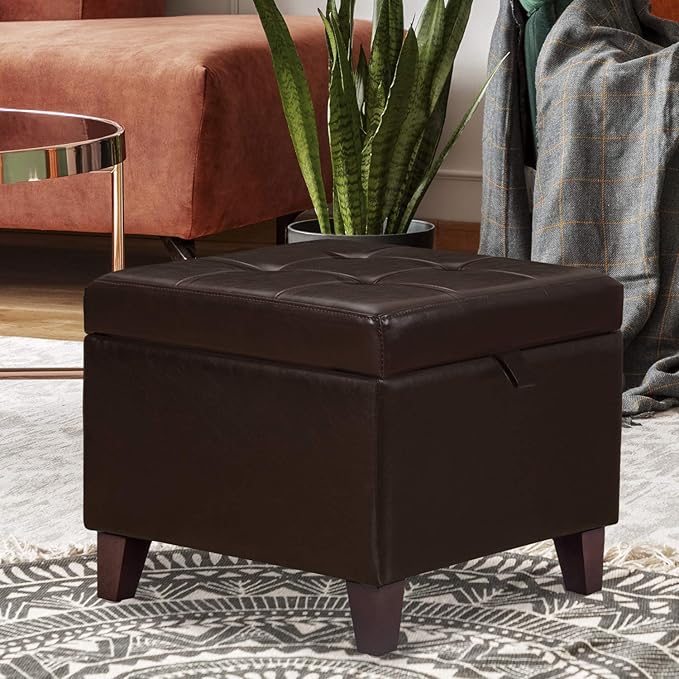 Adeco 15.2" Modern Brown Faux Leather Storage Ottoman with Tufted Flip Top for Living Room, Tufted Accents Rectangular Bench for Foot Rest-Ruum Studio Home