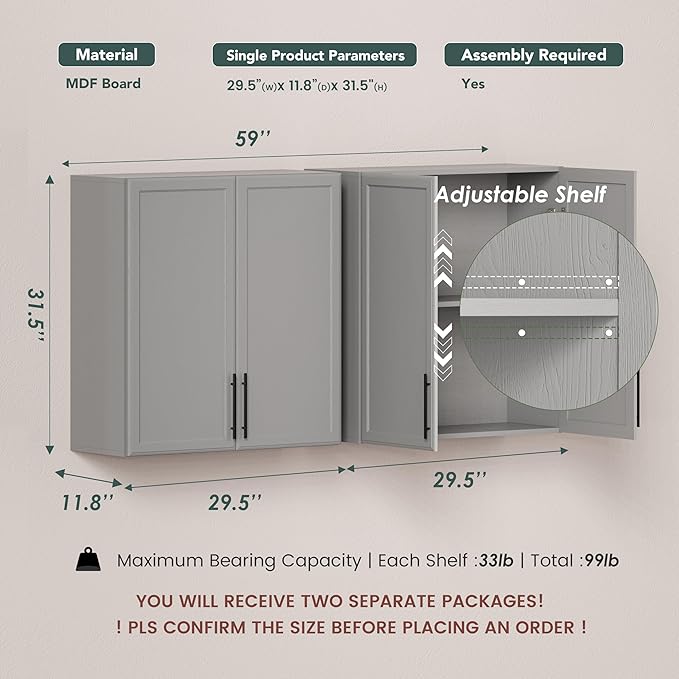 FIMELLO 59" Laundry Room Cabinets Wall Mounted, Kitchen Wall Cabinet with Adjustable Shelf, Wall Cabinets with Doors for Laundry Room, Upper Cabinets for Bathroom, Gray-Ruum Studio Home