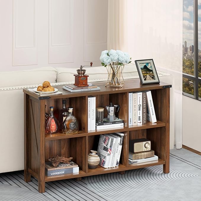 Farmhouse 6 Cube Book Shelf, Wood 3 Tier Storage Organizer Bookshelf, Brown Walnut 47" Horizontal Cubby Bookcase with Legs, Rustic Entryway Book Case, Long Display Cabinet for Bedroom, Office-Ruum Studio Home