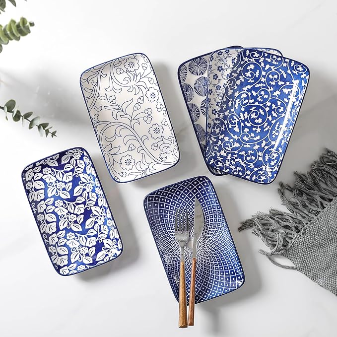 Selamica Ceramic Rectangular Salad Plates Set, Dinner Plate 9.4 Inch Dessert Plates for Party Entertaining, Small Serving Plates for Appetizers, Sushi, Fruit, Set of 4, Vintage Blue-Ruum Studio Home
