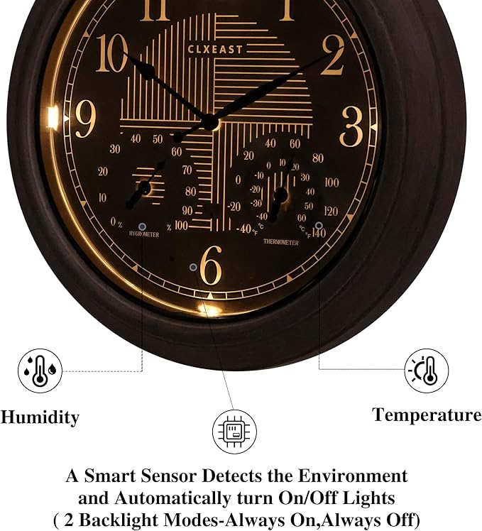 CLXEAST 18 Inch Farmhouse Illuminated Outdoor Atomic Wall Clock with Thermometer & Hygrometer Combo, Night Lighted Wall Clock with Smart Sensor, Weather Stations,Brushed Grey Oak Finish-Ruum Studio Home