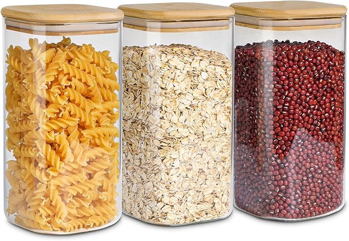 ComSaf Airtight Glass Storage Canister with Wood Lid (1.6 Qt), Clear Food Storage Container Jar with Sealing Lids for Oat Pasta Flour Cereal Rice Sugar Tea Coffee Beans, Set of 3 Square Cookie Jar-Ruum Studio Home