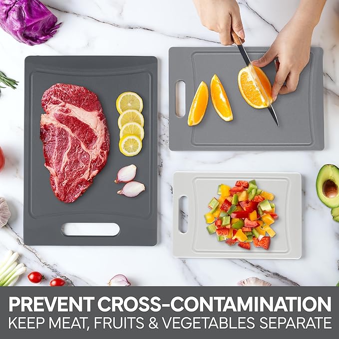 COOK WITH COLOR Non-Slip Cutting Board Set – Kitchen Essentials with Easy Grip Handle for Meat, Veggies, and Fruits, 3 Cutting Boards, Gray-Ruum Studio Home