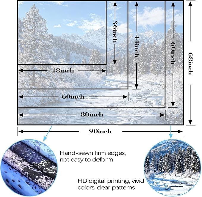 AMM Winter Forest Snow Mountain Tapestry Snowy Pine Tree Woodland Tapestry for Bedroom Aesthetic White Clouds Flowing River Landscape Tapestries Wall Hanging for Living Room Dorm Office 90 x 68 Inch-Ruum Studio Home