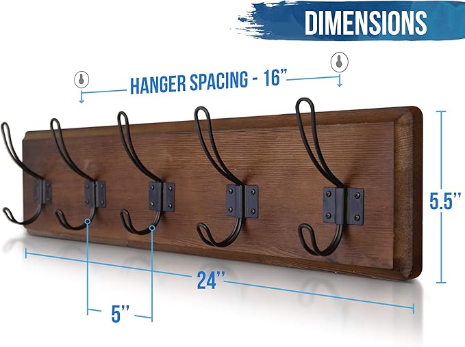 HBCY Creations Dark Wash Brown Rustic Coat Rack Wall Mount with 5 Hooks, Solid Pine Wood 24 inch Wall Hooks for Entryway, Mudroom, Hallway, Bathroom - Vintage Farmhouse Style Wall Mounted Towel Rack-Ruum Studio Home