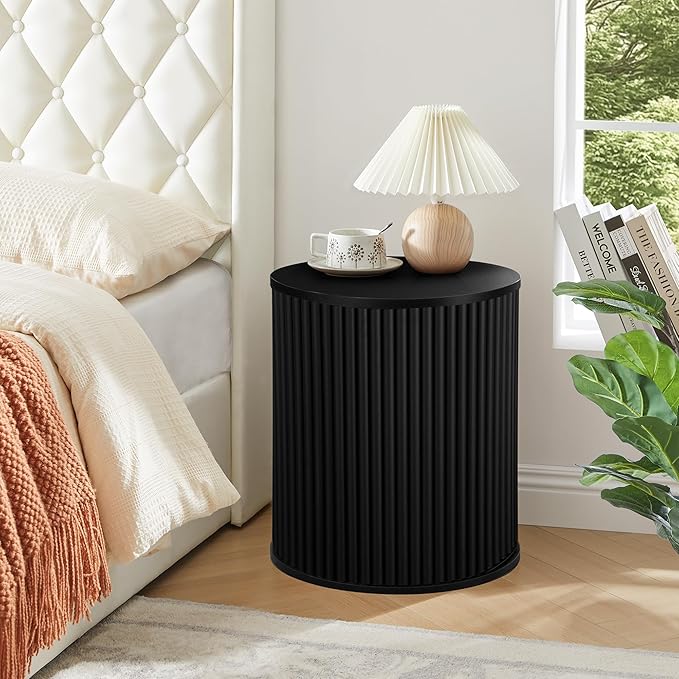 AVZEAR Fluted Round Side Table with Storage, Small Mid Century End Table Fluted Nightstands, Modern Circle Bedside Tables Wood Night Stand for Small Spaces, Living Room, Bedroom (Black)-Ruum Studio Home