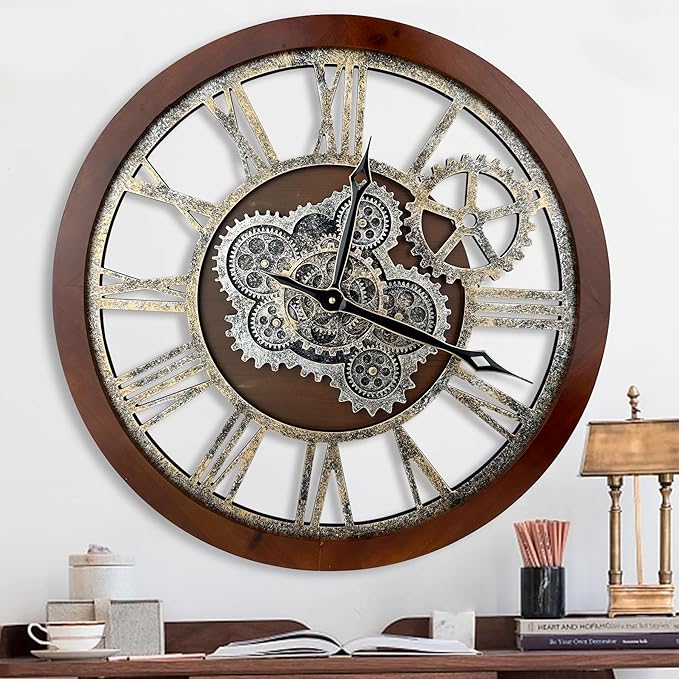 HOIBAI Large Wall Clock, 24 Inch Wall Clocks for Living Room Decor Farmhouse Vintage Rustic Kitchen Wall Decor Vintage Roman Big Oversized Wall Clock for Home Bedroom House Office, Moving Gears Clock-Ruum Studio Home