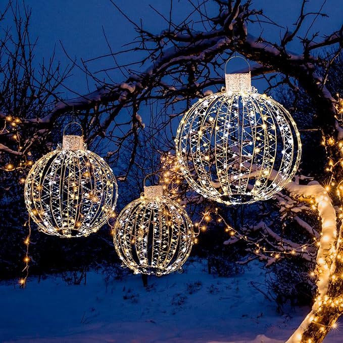 Tangkula Christmas LED Light Balls for Tree (3 Pack), Outside Lighted Sphere with 180 Warm White & 180 Cold White Lights, Holiday Lighted Decorations, Christmas Sphere Balls for Indoor Outdoor Decor-Ruum Studio Home