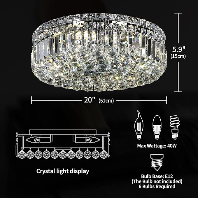 6-Lights Crystal Flush Mount Chandelier Light Fixture with K9 Crystals Modern Ceiling Lights Elegant Pendant Lamp for Bedroom,Hallway,Bar,Living Room,Dining Room,H5.9 xW20 (Bulbs Not Included)-Ruum Studio Home