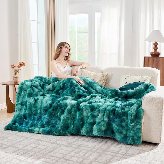 Lotus Karen Faux Fur Throw Blanket Tie-Dye Green-Big Bubble Rabbit Fluff Blanket for Couch,Small Fluffy Fuzzy Cozy Blanket,Thick Furry Plush Shaggy Blankets,50x60 Inches-Ruum Studio Home