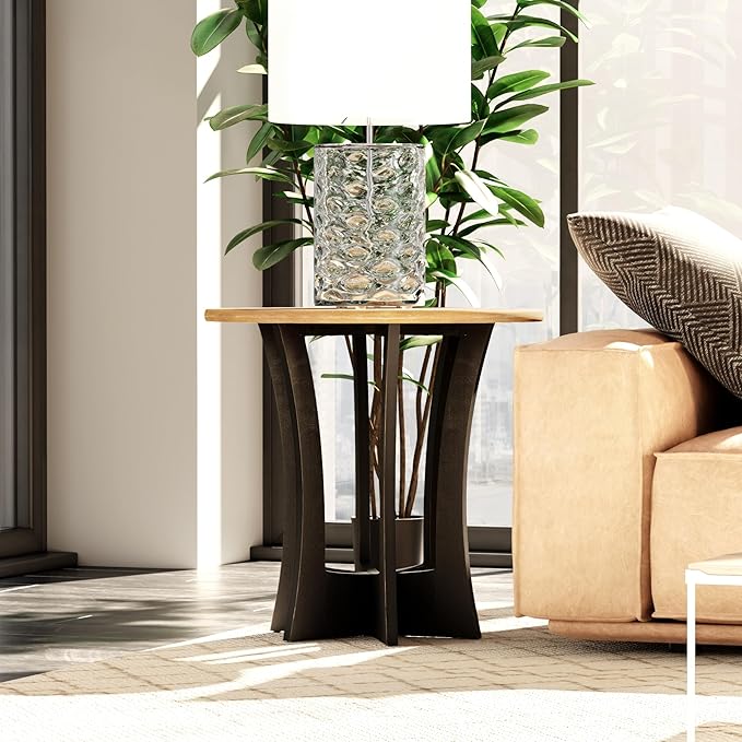 Farmhouse Round End Table X 2P with Criss-Cross Wood Legs, Rustic French Country Side Table for Dinning or Living Room, Modern, Black, Natural Wood-Ruum Studio Home