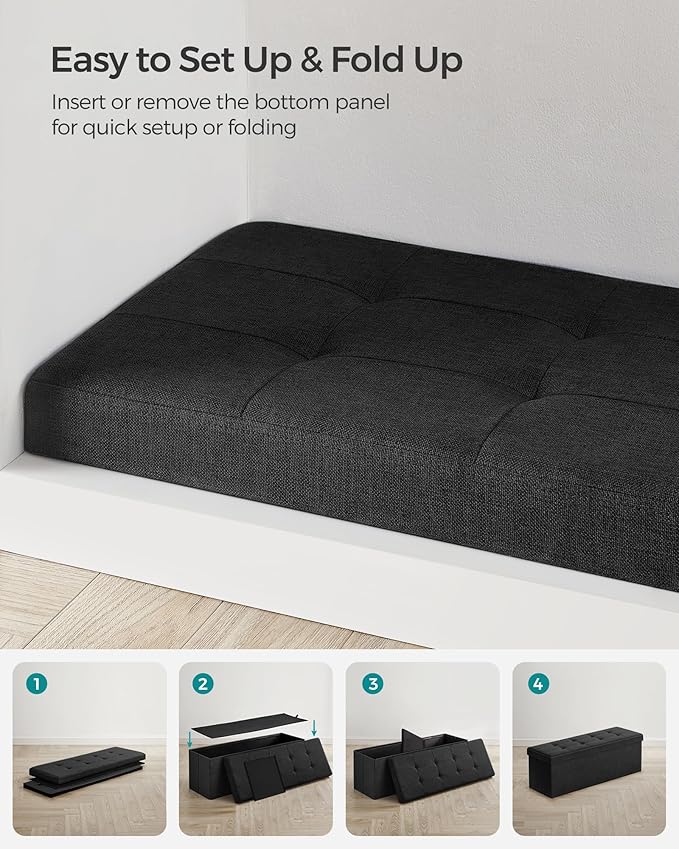 SONGMICS MAZIE Collection - 43 Inches Folding Storage Ottoman Bench, Ottoman Foot Rest, End of Bed Bench, Storage Chest, Load 660 lb, for Living Room, Bedroom, Entryway, Ink Black ULSF077B01-Ruum Studio Home
