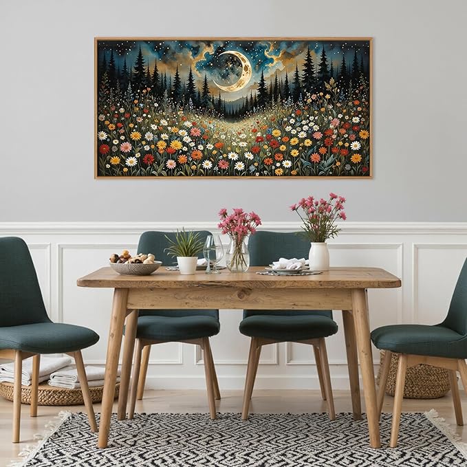 HPINUB Wildflower Moon Pine Tree Framed Canvas Wall Art Set,Nature Forest Wall Decor,Mystical Starry Night Artwork Rustic Mountain Landscape Art Print for Living Room,Bedroom,Office-20 x40-Ruum Studio Home