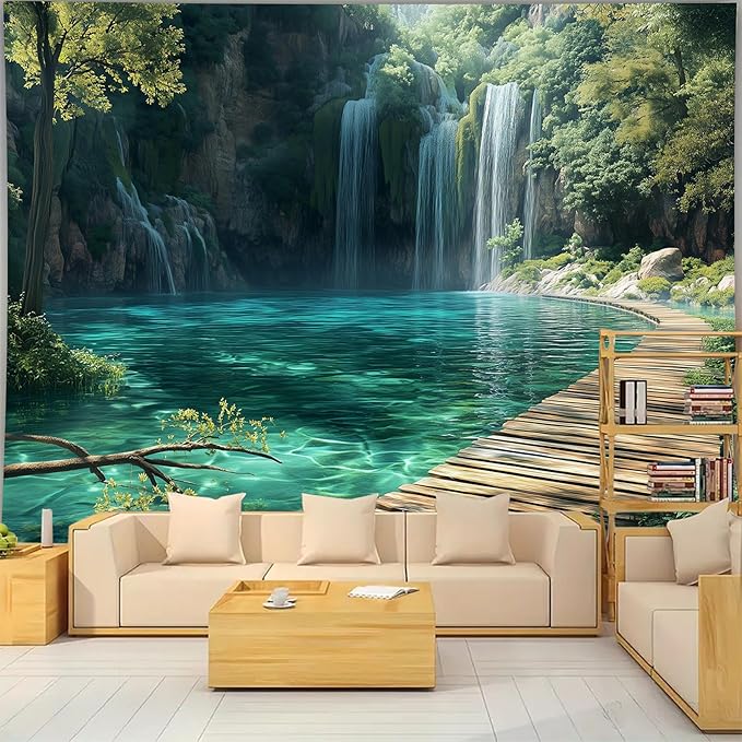BSFHH Nature Tapestry Forest Tree Sea Cave Wall Hanging, Stream Through Rainforest Landscape Wall Art Tapestry for Bedroom Living room (Waterfall, 79"×59", Unframed)-Ruum Studio Home